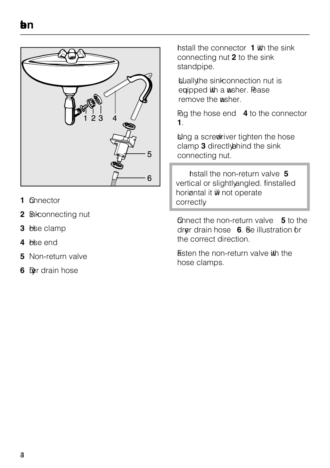 Miele T 8023 C installation instructions Install the connector 1 with the sink 