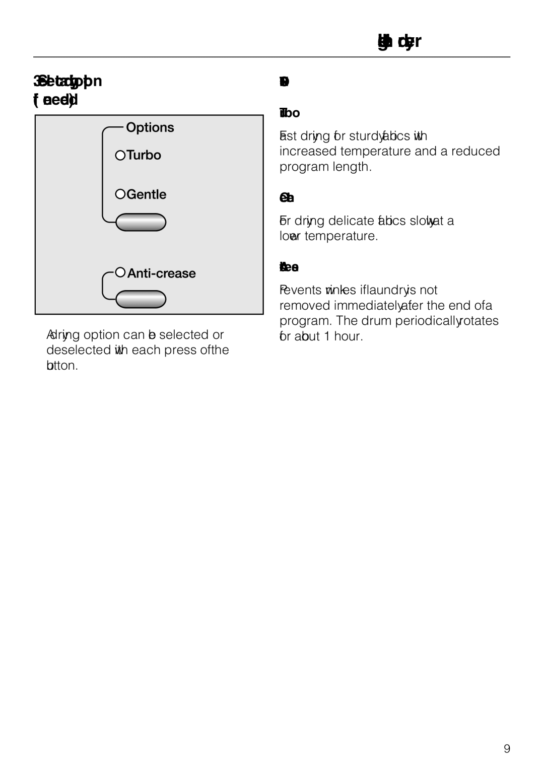 Miele T 8023 C installation instructions Select a drying option if needed, Turbo, Gentle, Anti-crease 