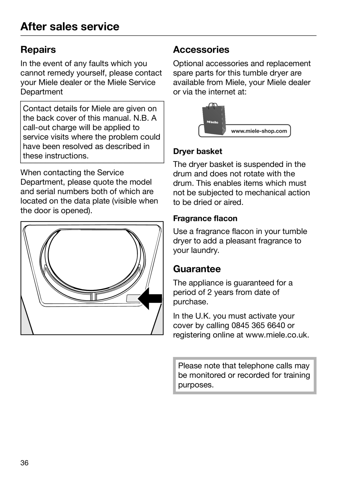 Miele T 8164 WP operating instructions After sales service, Repairs, Guarantee, Dryer basket, Fragrance flacon 