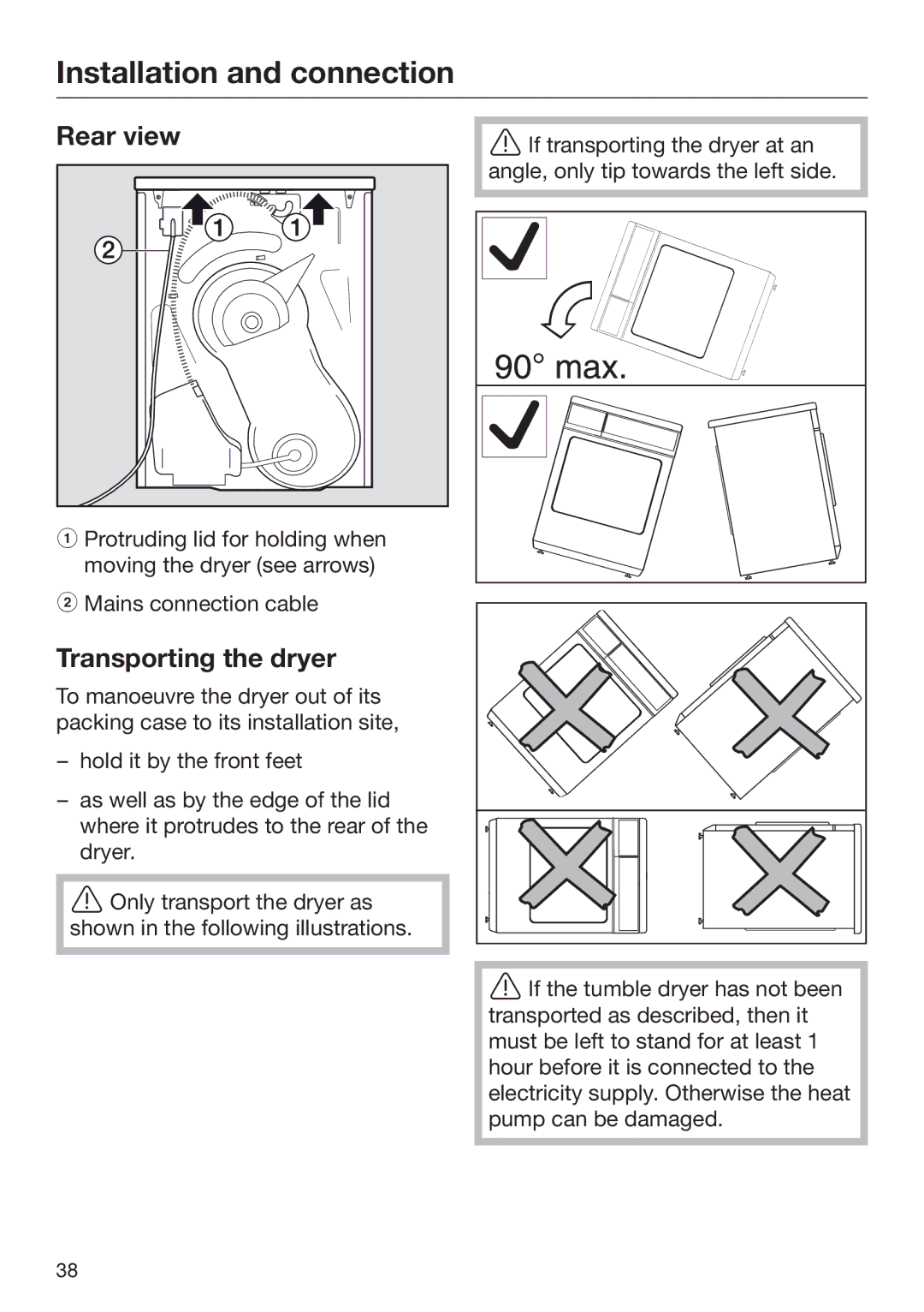 Miele T 8164 WP operating instructions Rear view, Transporting the dryer 