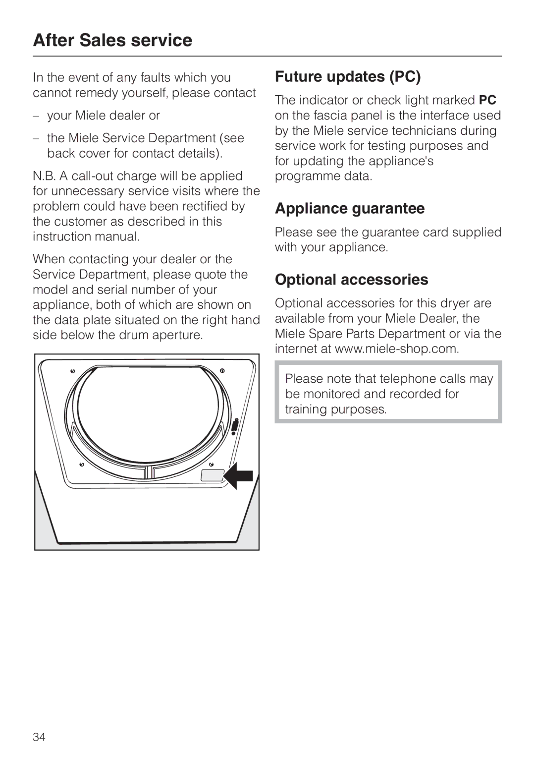 Miele T 8422 C operating instructions After Sales service, Future updates PC, Appliance guarantee, Optional accessories 