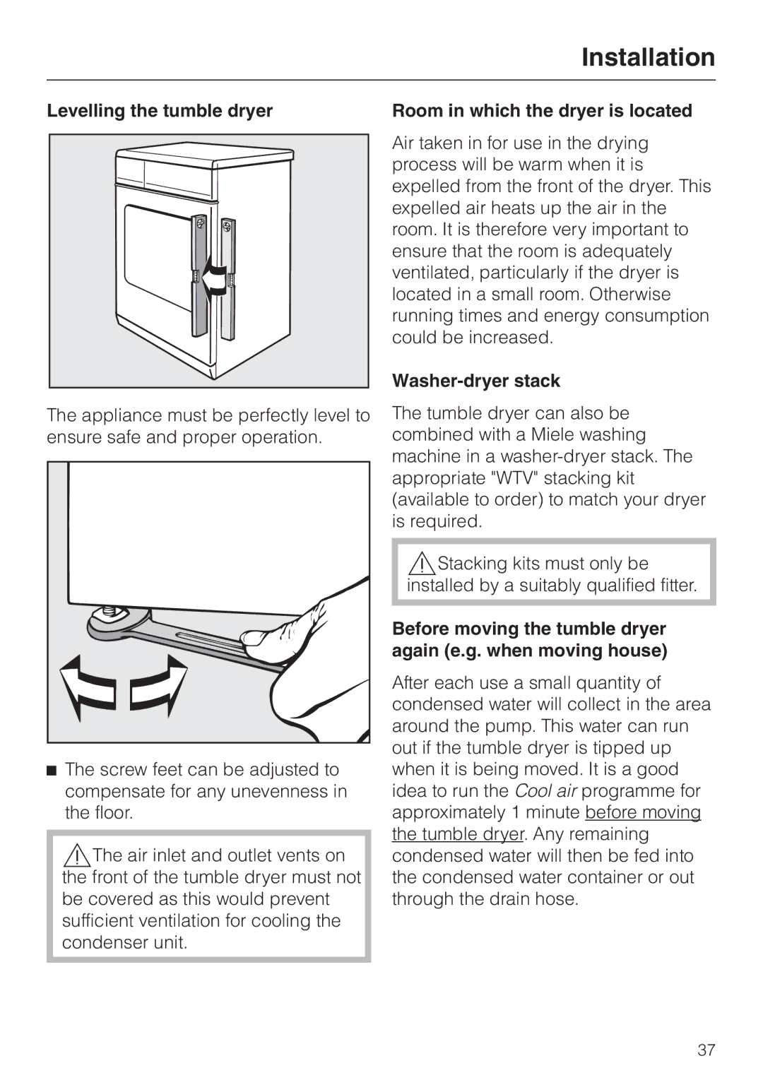 Miele T 8422 C Levelling the tumble dryer, Washer-dryer stack, Before moving the tumble dryer again e.g. when moving house 