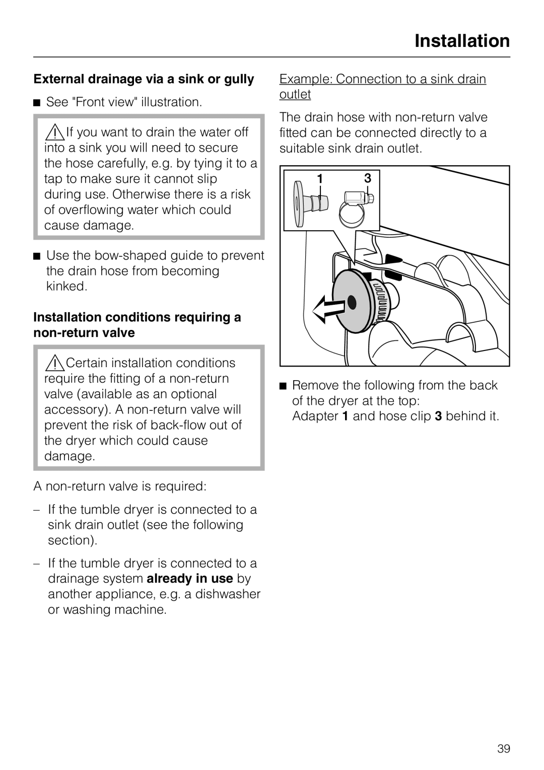 Miele T 8422 C External drainage via a sink or gully, Installation conditions requiring a non-return valve 