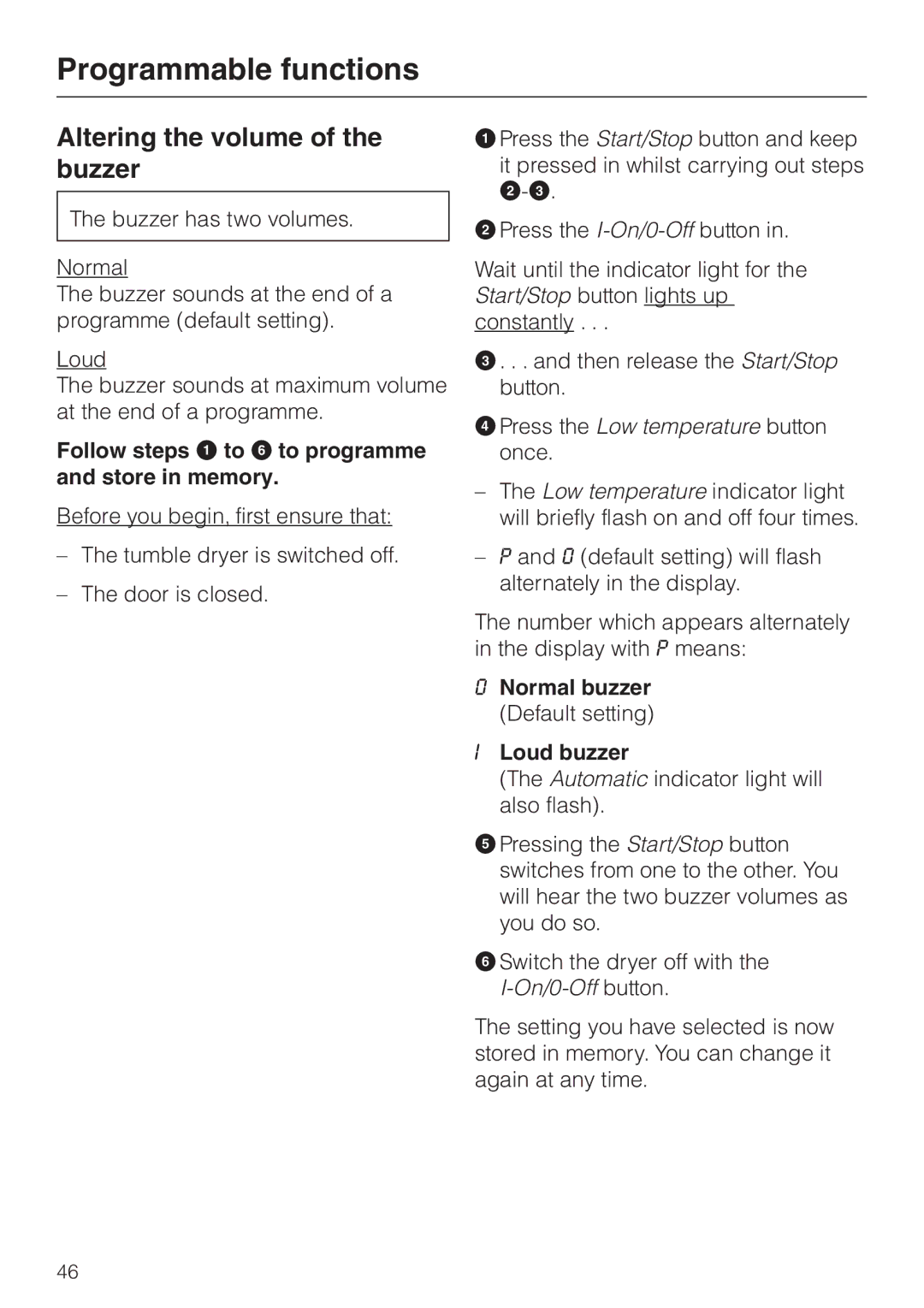 Miele T 8422 C Altering the volume of the buzzer, Follow steps a to F to programme and store in memory 