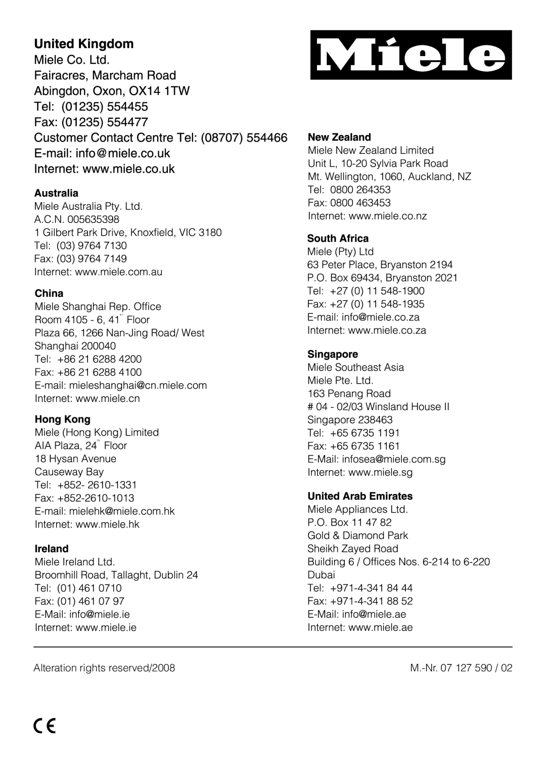 Miele T 8422 C operating instructions Alteration rights reserved/2008 