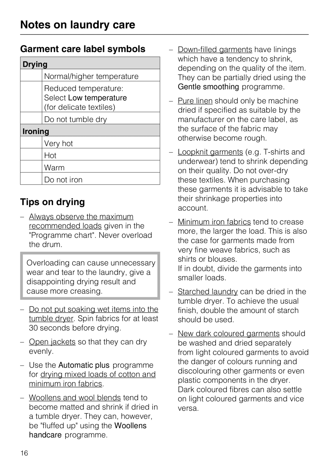 Miele T 8722 operating instructions Garment care label symbols, Tips on drying, Drying, Ironing 