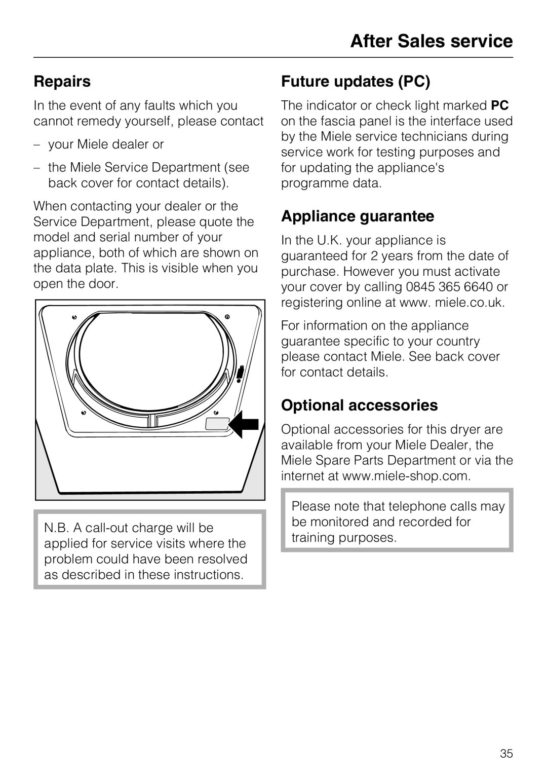 Miele T 8722 After Sales service, Repairs, Future updates PC, Appliance guarantee, Optional accessories 