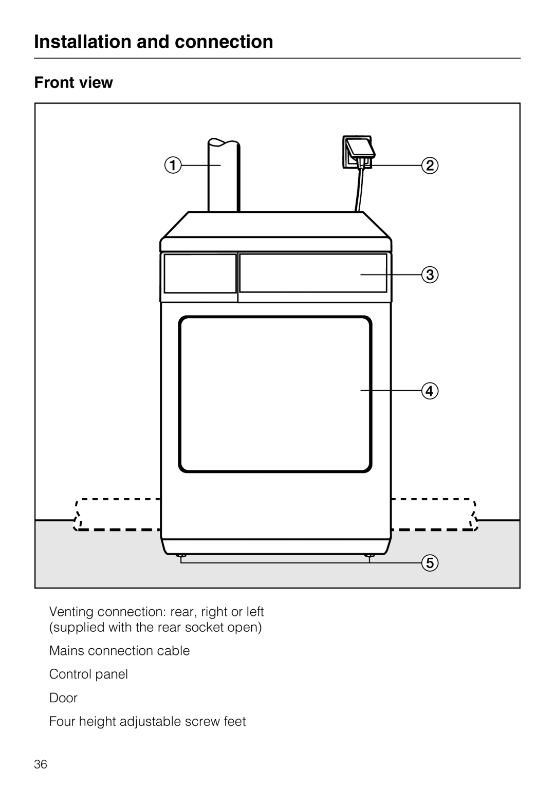 Miele T 8722 operating instructions Installation and connection, Front view 