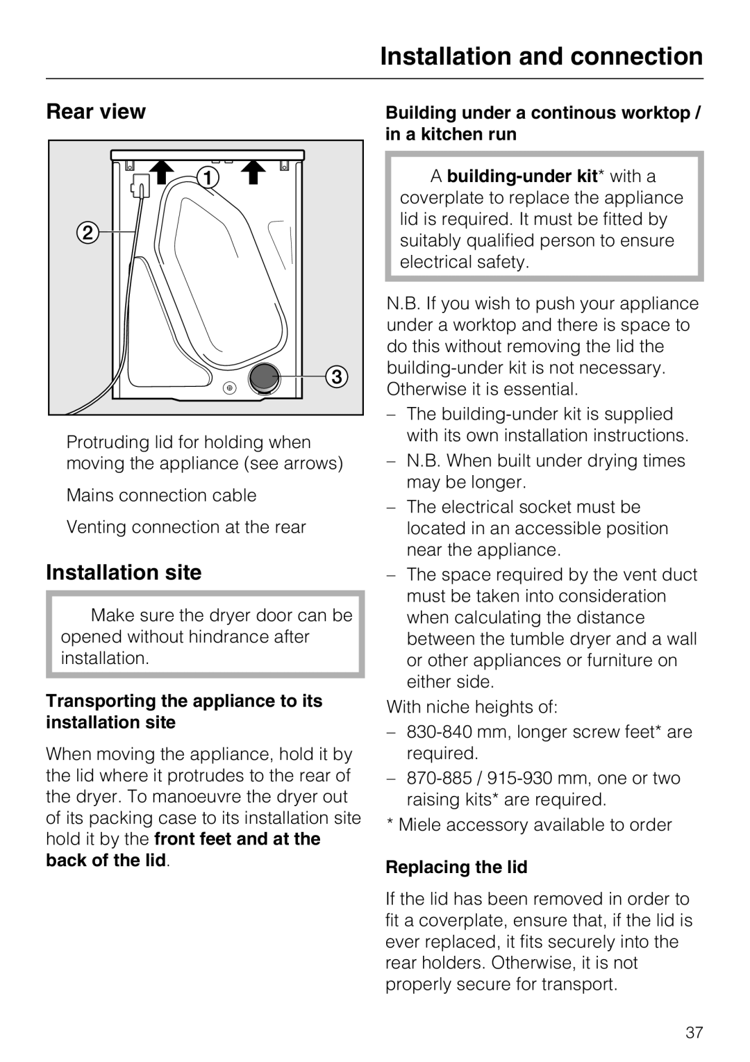 Miele T 8722 Rear view, Installation site, Transporting the appliance to its installation site, Replacing the lid 