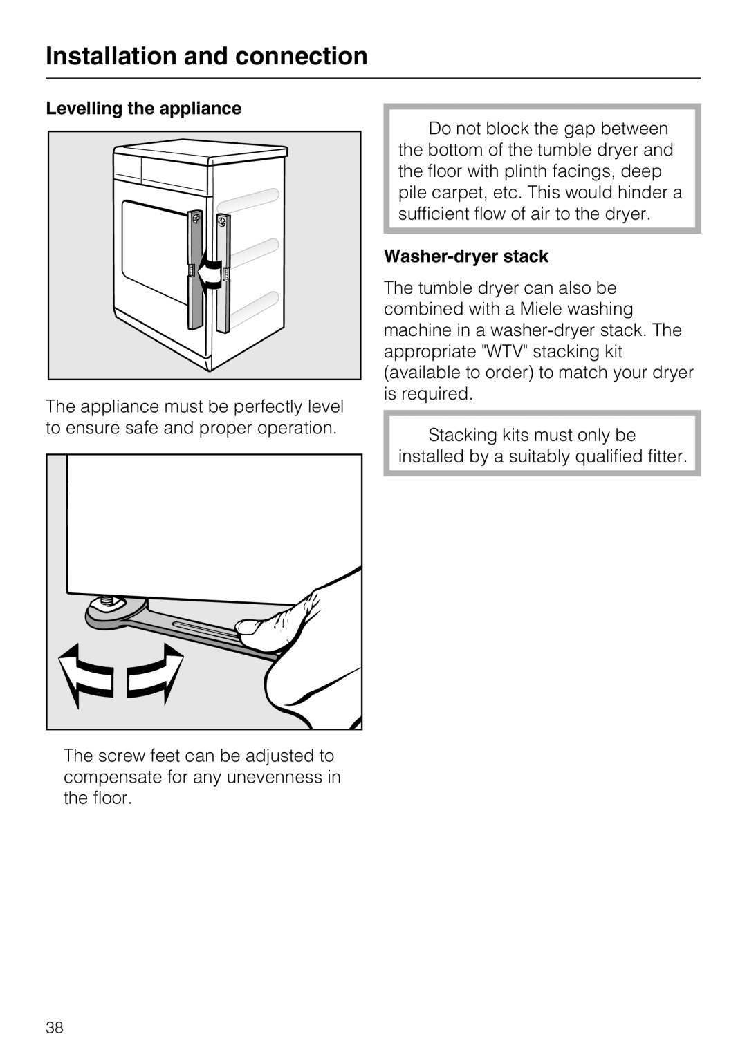 Miele T 8722 operating instructions Levelling the appliance, Washer-dryer stack 