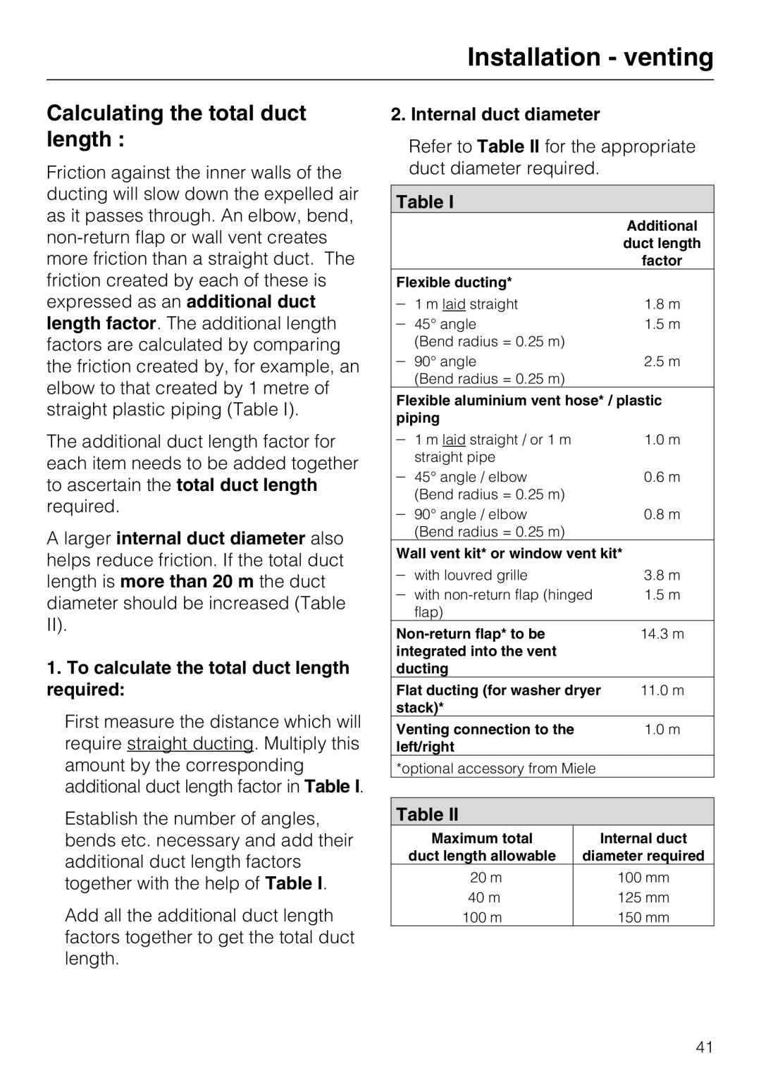 Miele T 8722 operating instructions Calculating the total duct length, Internal duct diameter 