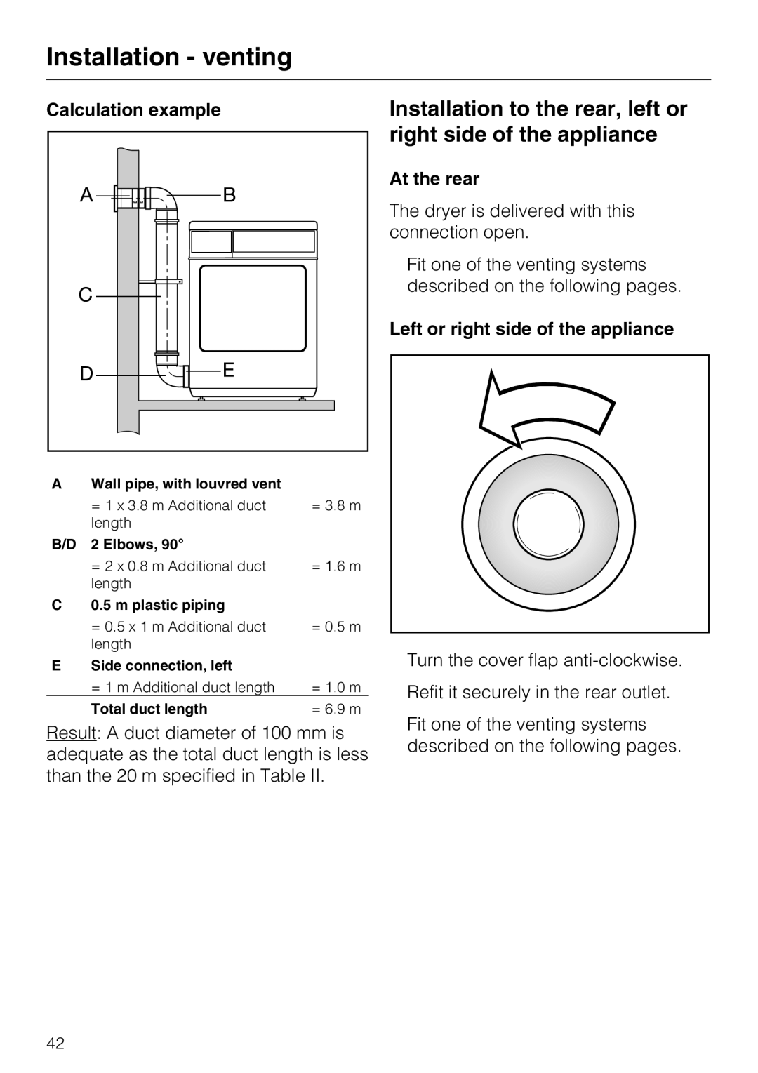 Miele T 8722 operating instructions Calculation example, At the rear, Left or right side of the appliance 