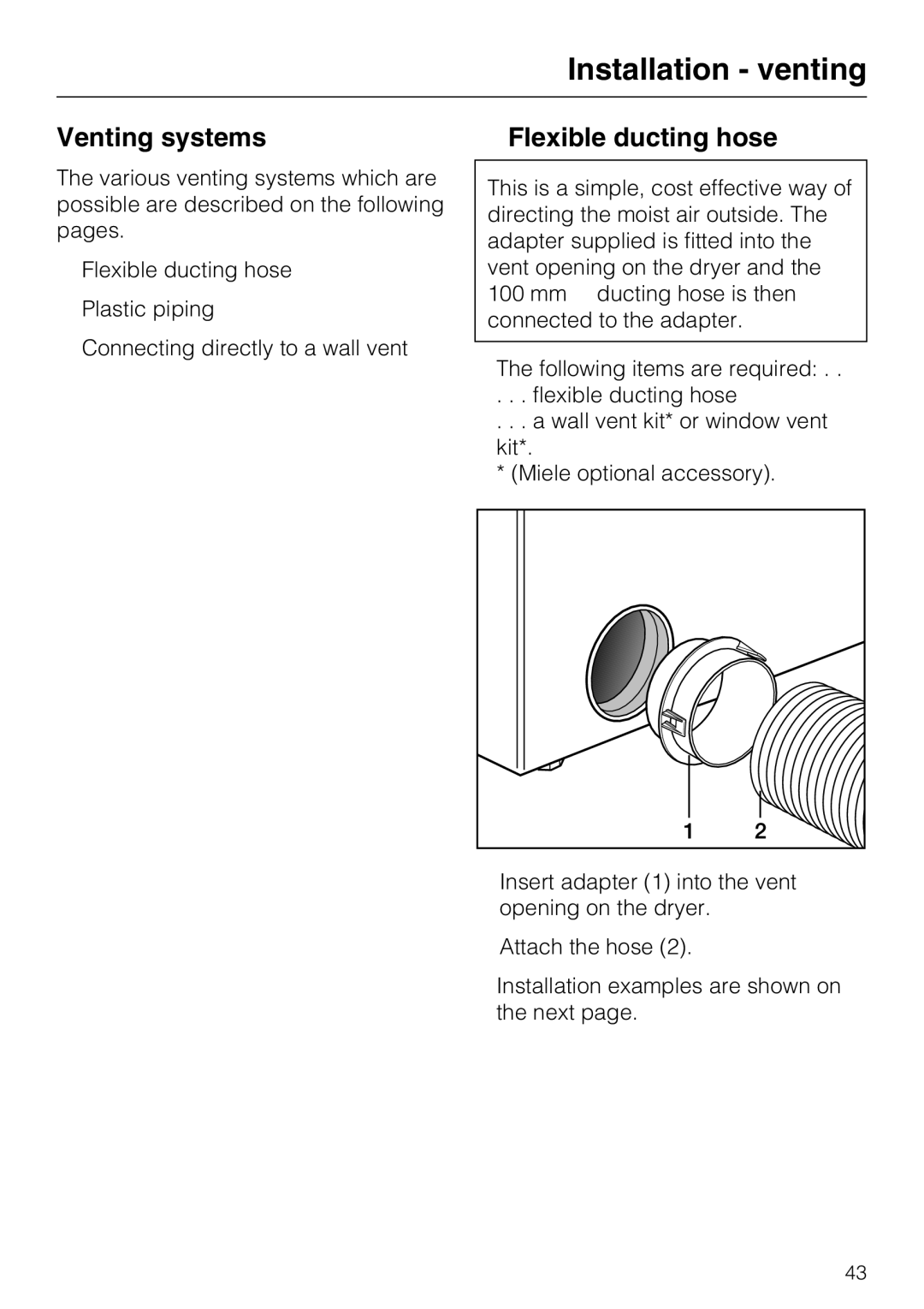 Miele T 8722 operating instructions Venting systems, Flexible ducting hose 