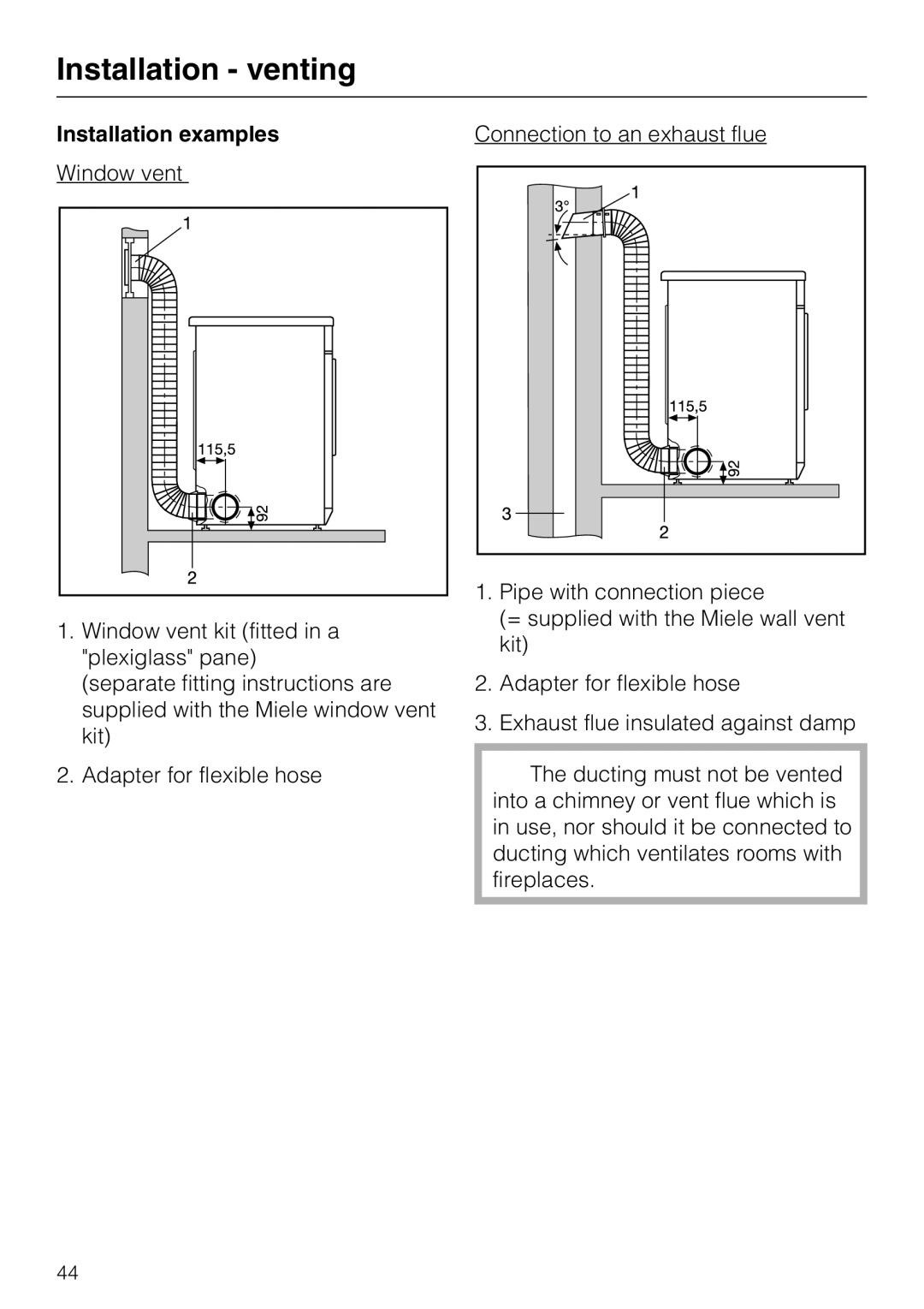 Miele T 8722 operating instructions Installation examples 