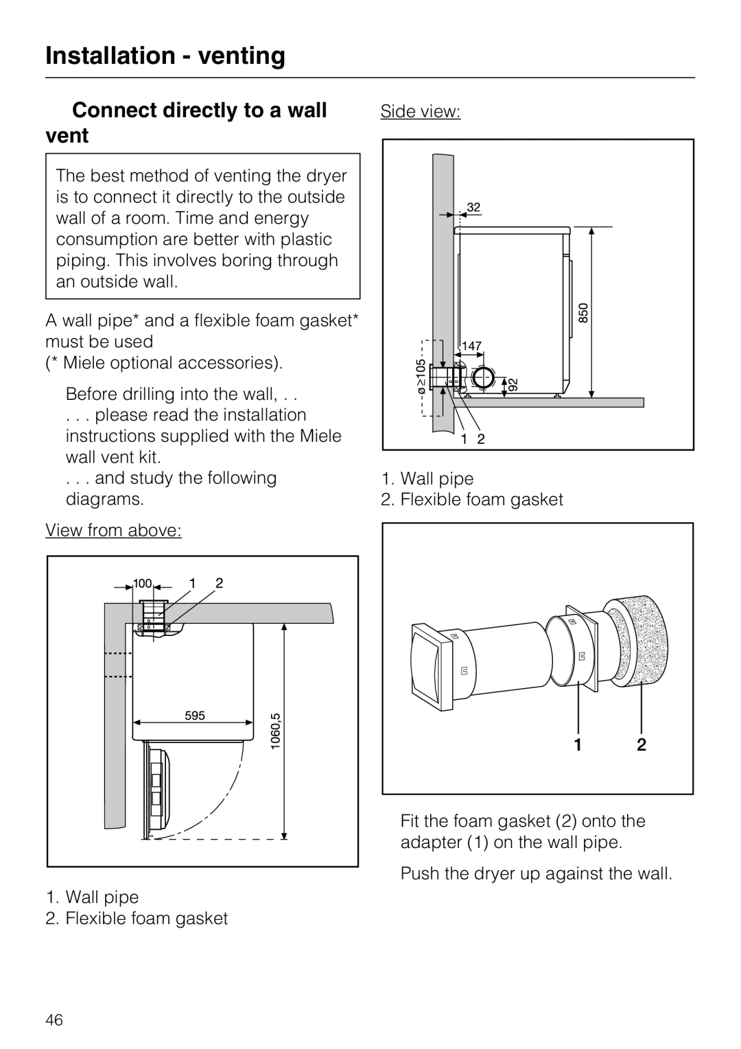 Miele T 8722 operating instructions Connect directly to a wall, Vent, Side view 