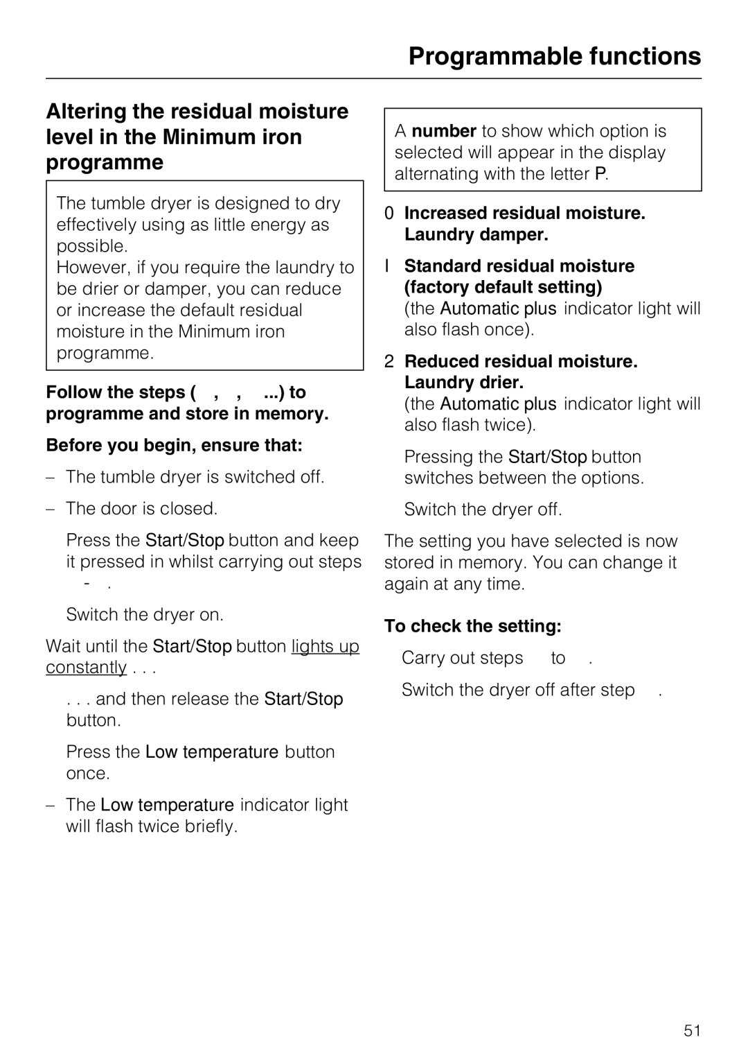 Miele T 8722 operating instructions Programmable functions 