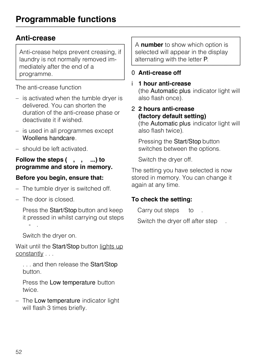 Miele T 8722 operating instructions Anti-crease off Hour anti-crease, Hours anti-crease factory default setting 