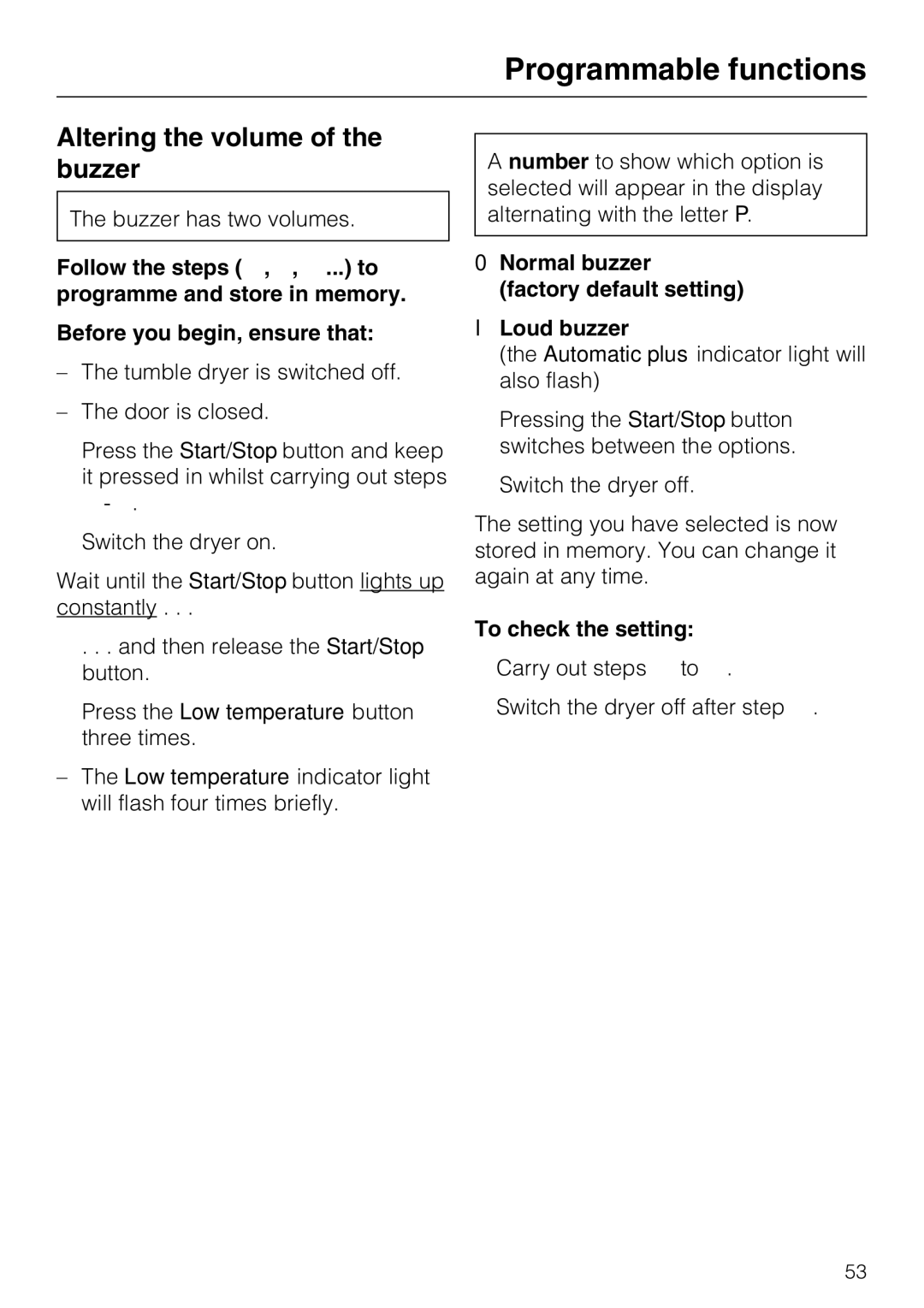 Miele T 8722 operating instructions Altering the volume of the buzzer, Normal buzzer Factory default setting Loud buzzer 