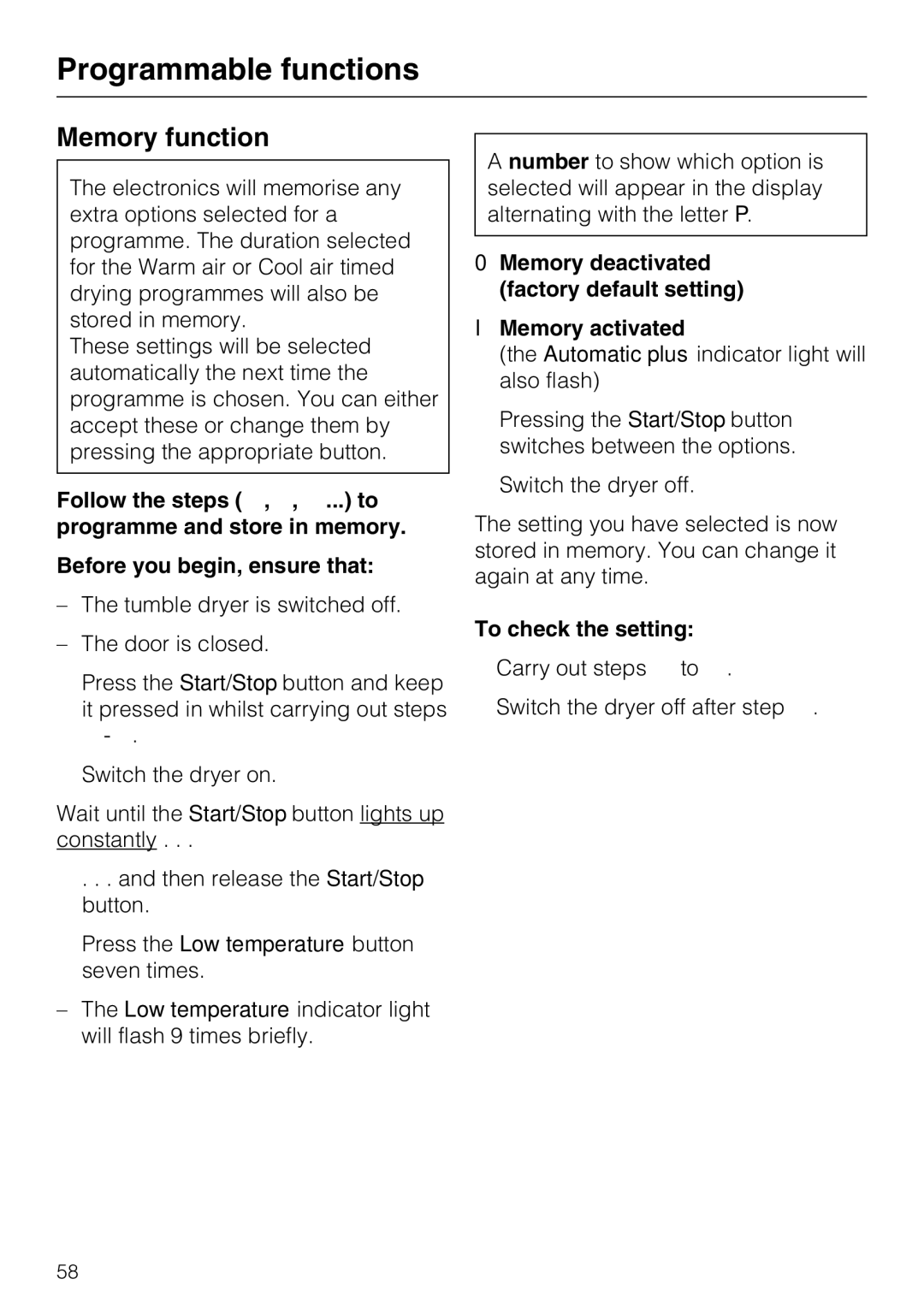 Miele T 8722 operating instructions Memory function, Memory deactivated factory default setting Memory activated 