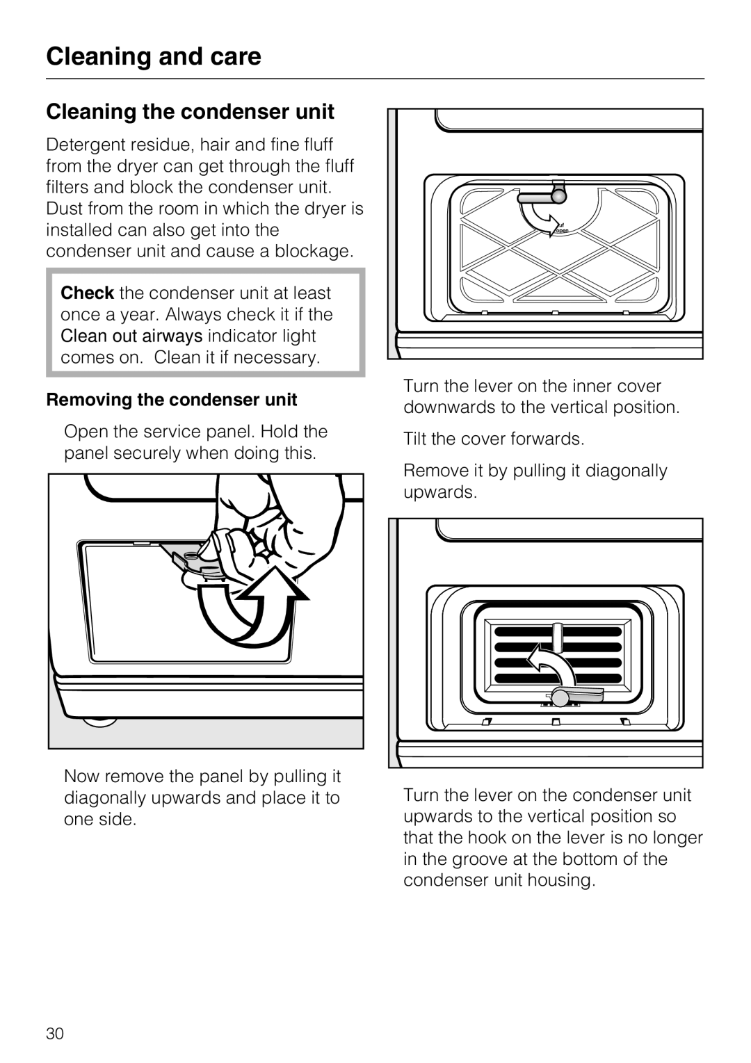 Miele T 8822 C operating instructions Cleaning the condenser unit, Removing the condenser unit 