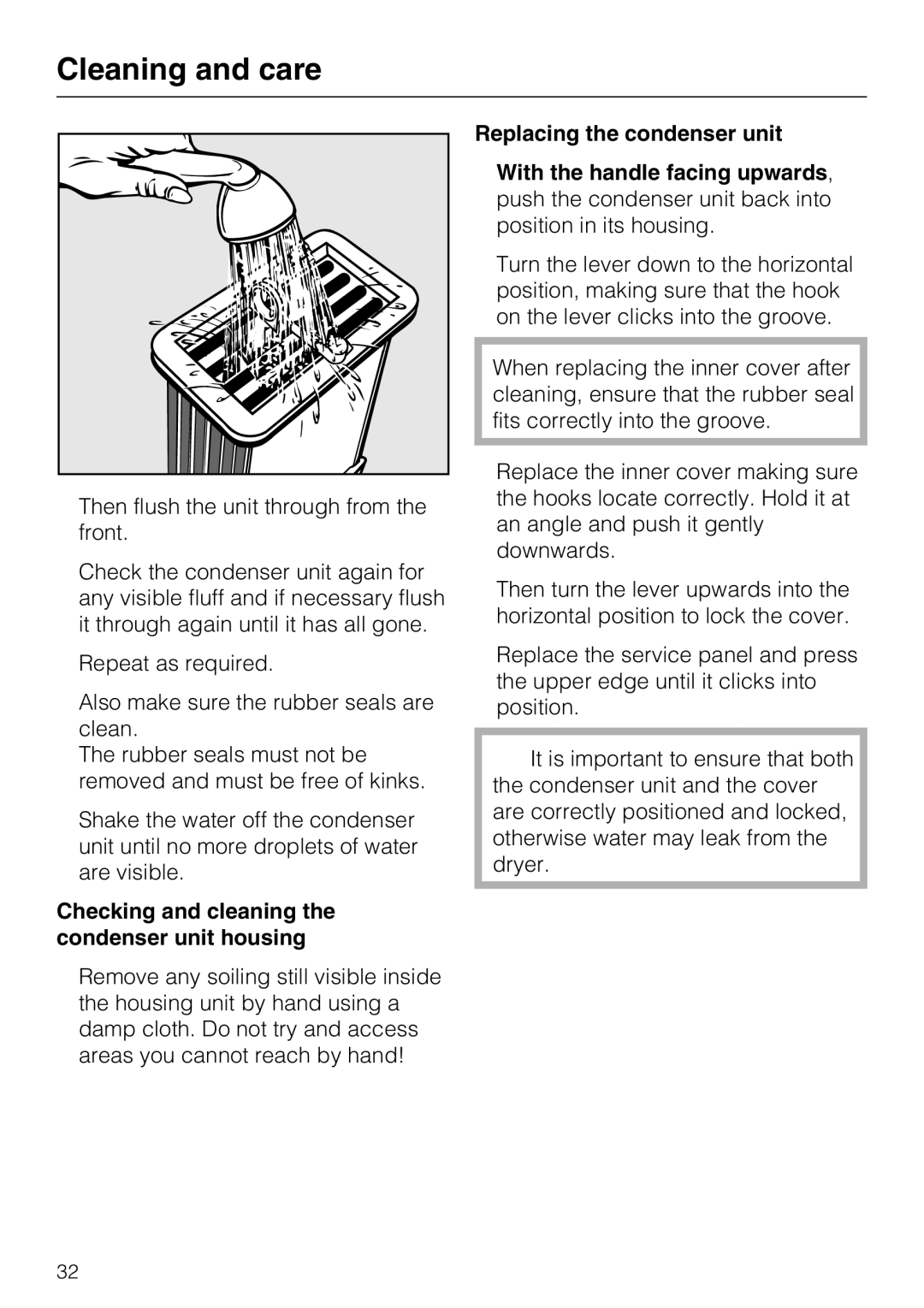 Miele T 8822 C operating instructions Checking and cleaning the condenser unit housing 