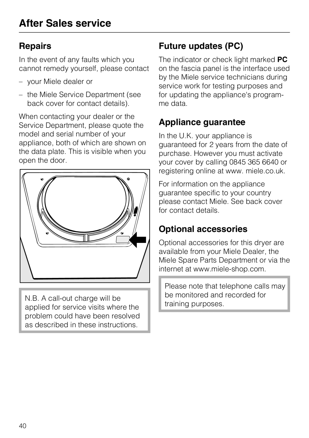 Miele T 8822 C After Sales service, Repairs, Future updates PC, Appliance guarantee, Optional accessories 