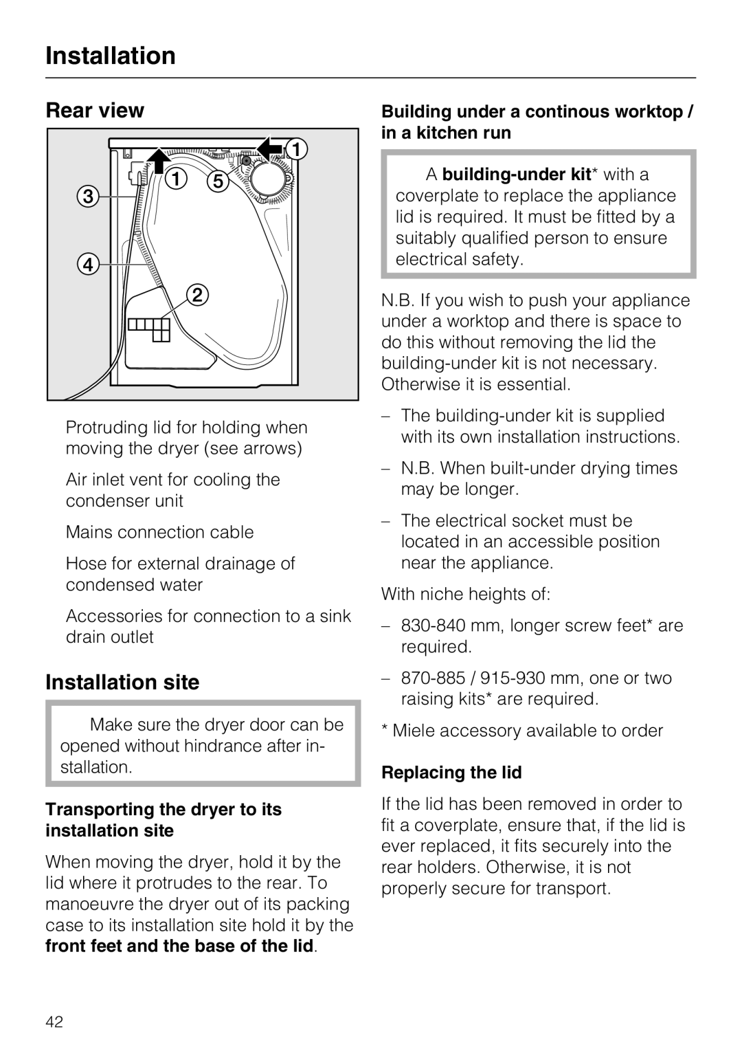 Miele T 8822 C Rear view, Installation site, Transporting the dryer to its installation site, Replacing the lid 