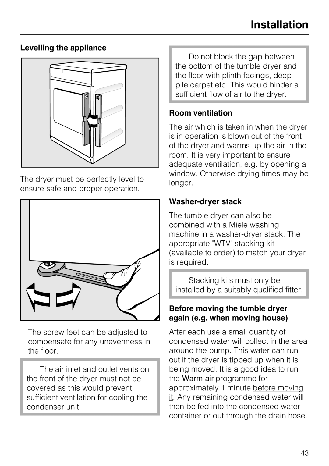 Miele T 8822 C operating instructions Levelling the appliance, Room ventilation, Washer-dryer stack 