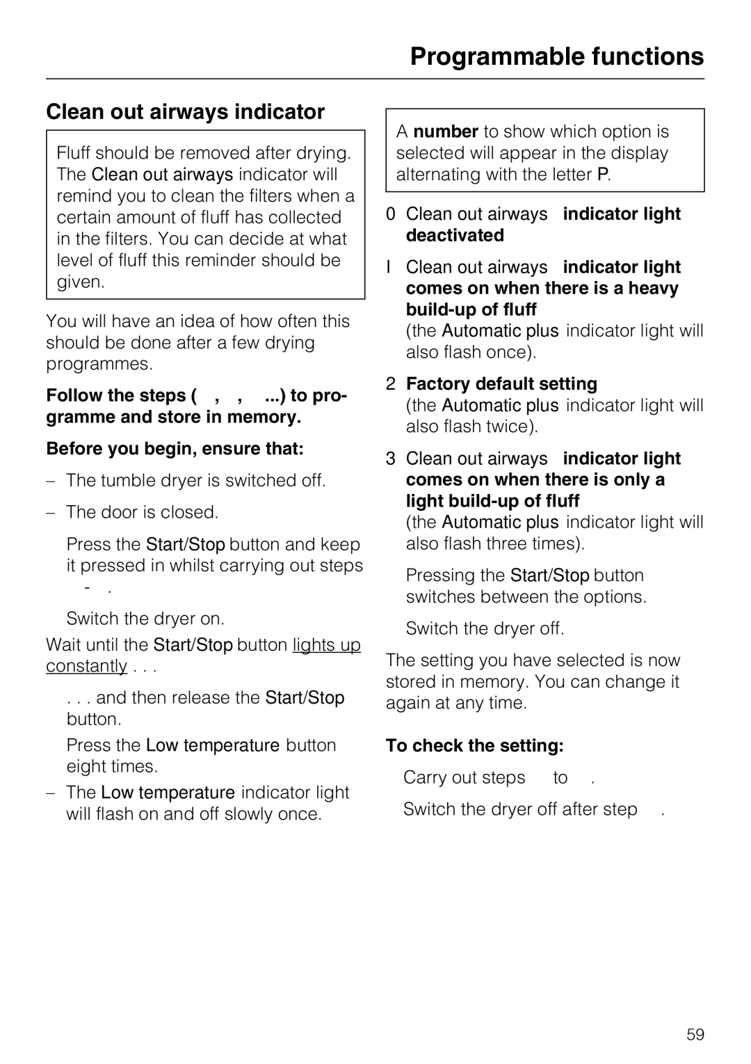 Miele T 8822 C operating instructions Clean out airways indicator, Factory default setting 