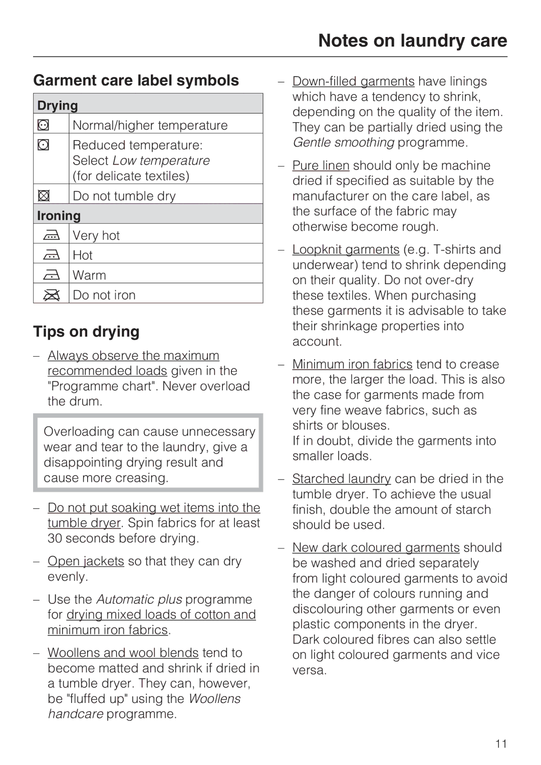 Miele T 8822 C operating instructions Garment care label symbols, Tips on drying, Drying, Ironing 