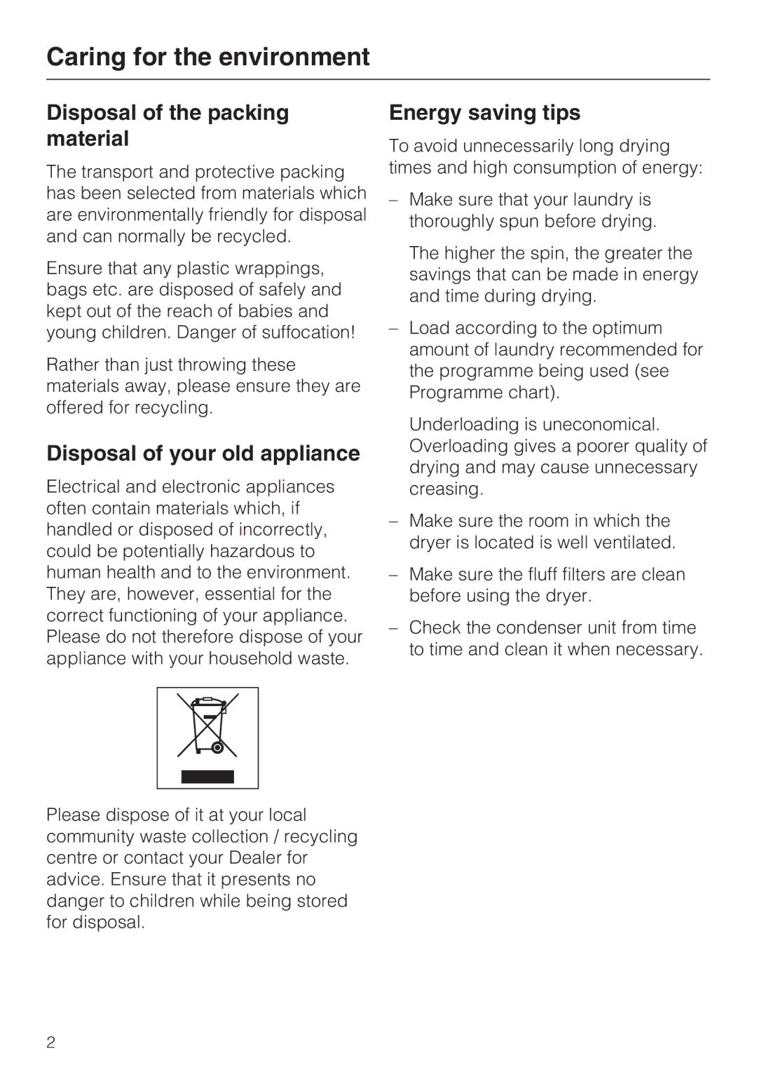 Miele T 8822 C Caring for the environment, Disposal of the packing material, Disposal of your old appliance 