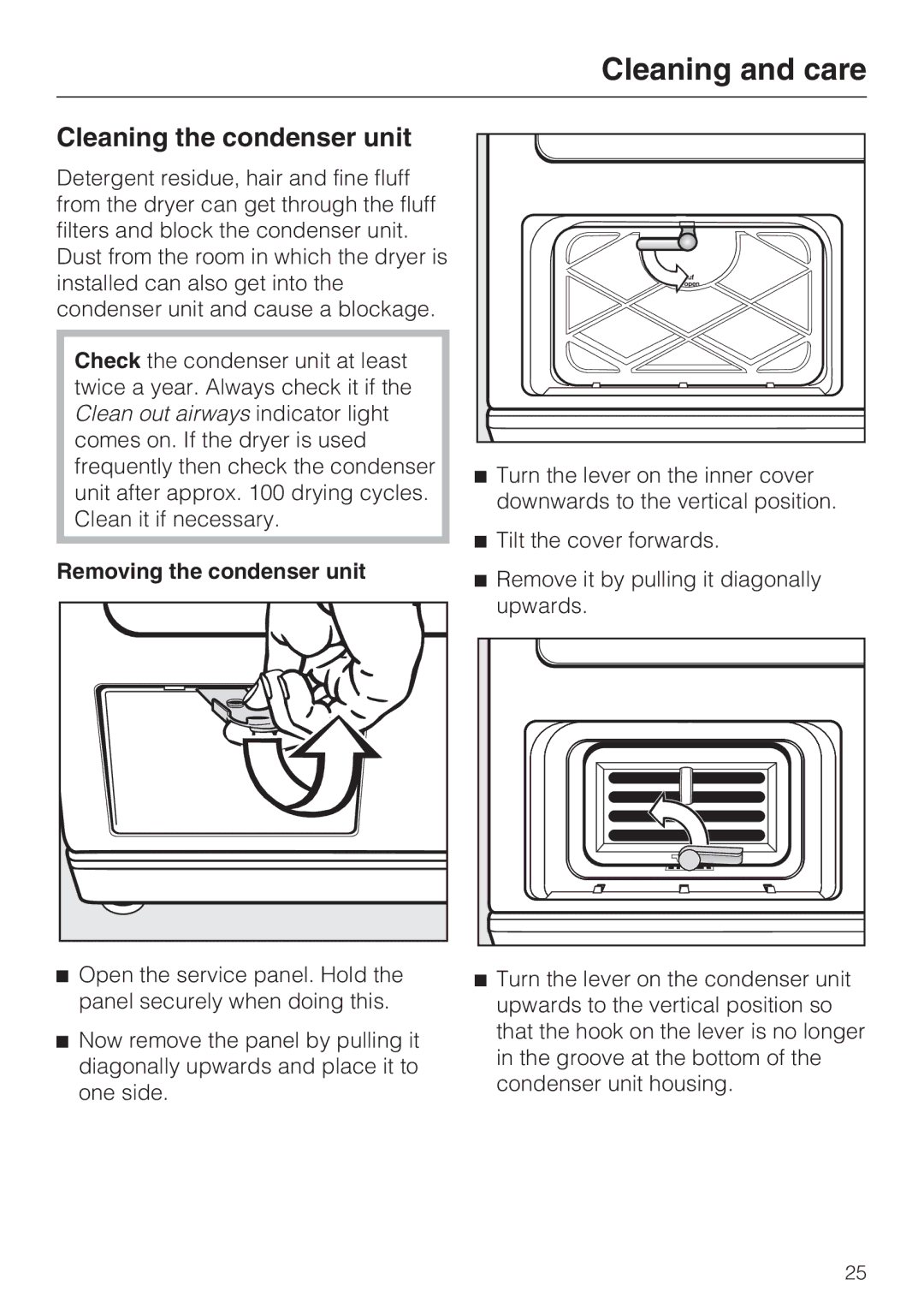 Miele T 8822 C operating instructions Cleaning the condenser unit, Removing the condenser unit 