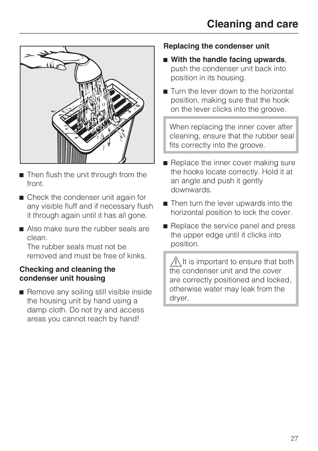 Miele T 8822 C operating instructions Checking and cleaning the condenser unit housing 