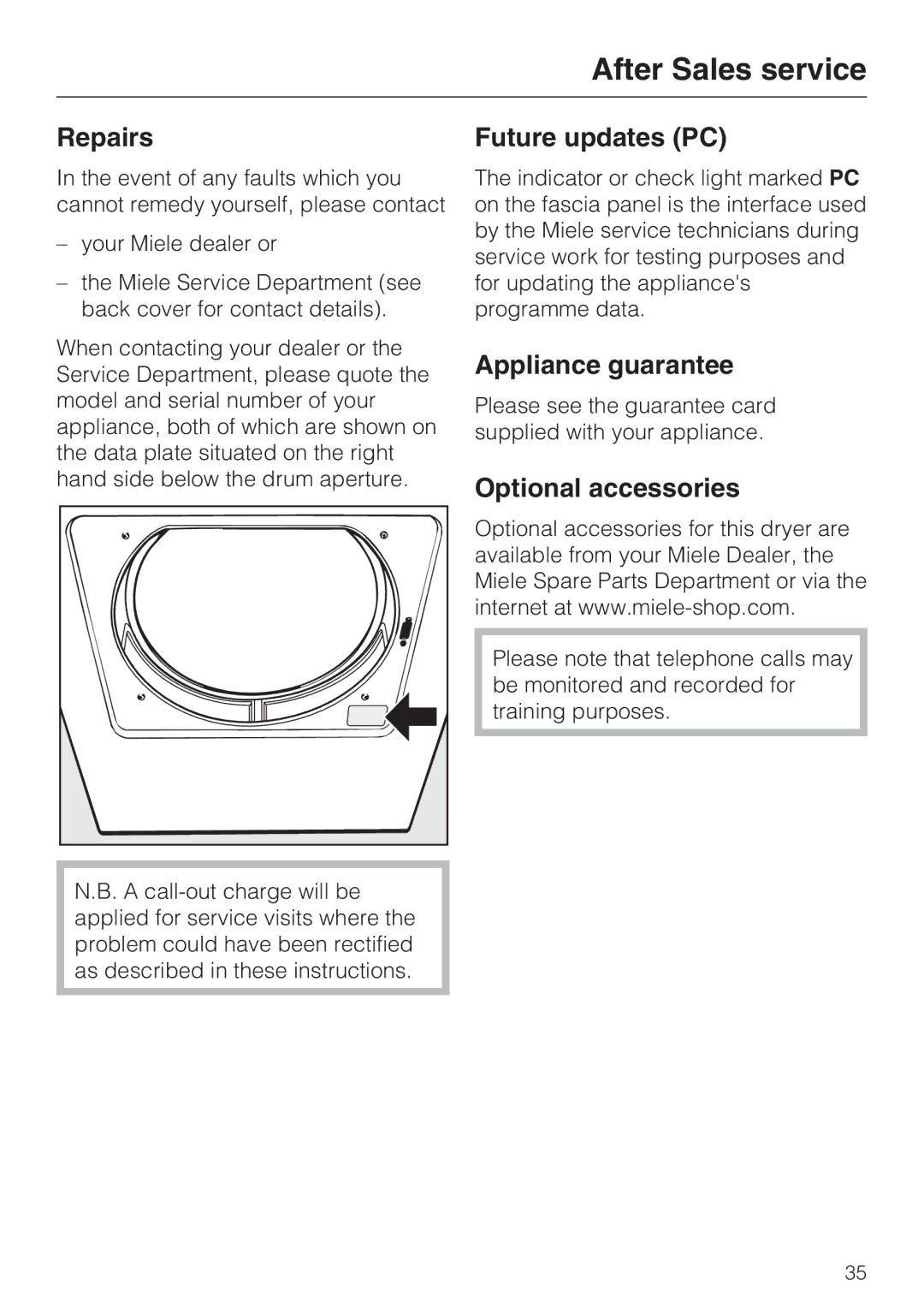 Miele T 8822 C After Sales service, Repairs, Future updates PC, Appliance guarantee, Optional accessories 