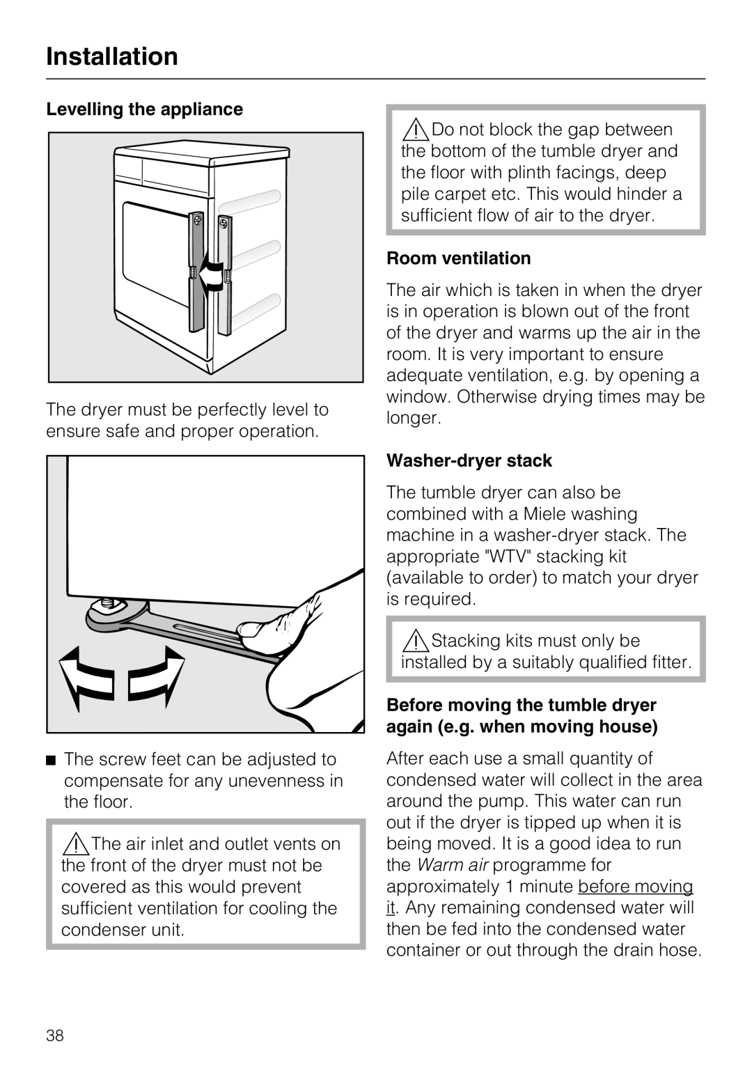 Miele T 8822 C operating instructions Levelling the appliance, Room ventilation, Washer-dryer stack 