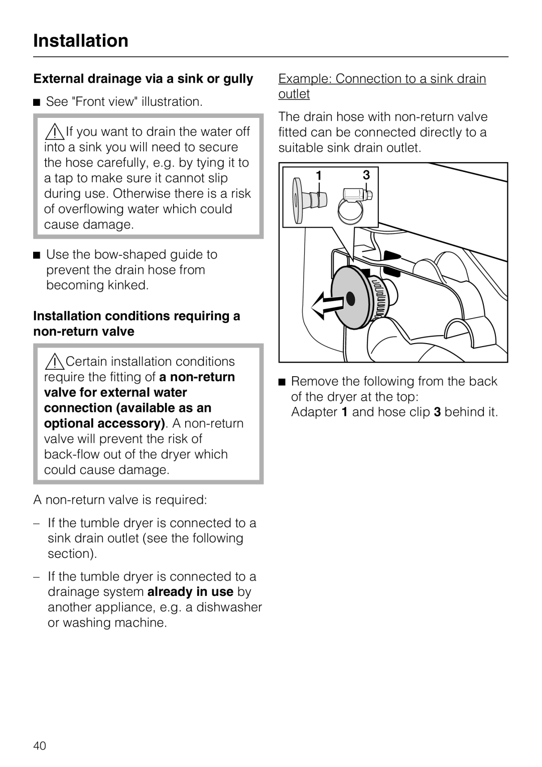 Miele T 8822 C External drainage via a sink or gully, Installation conditions requiring a non-return valve 