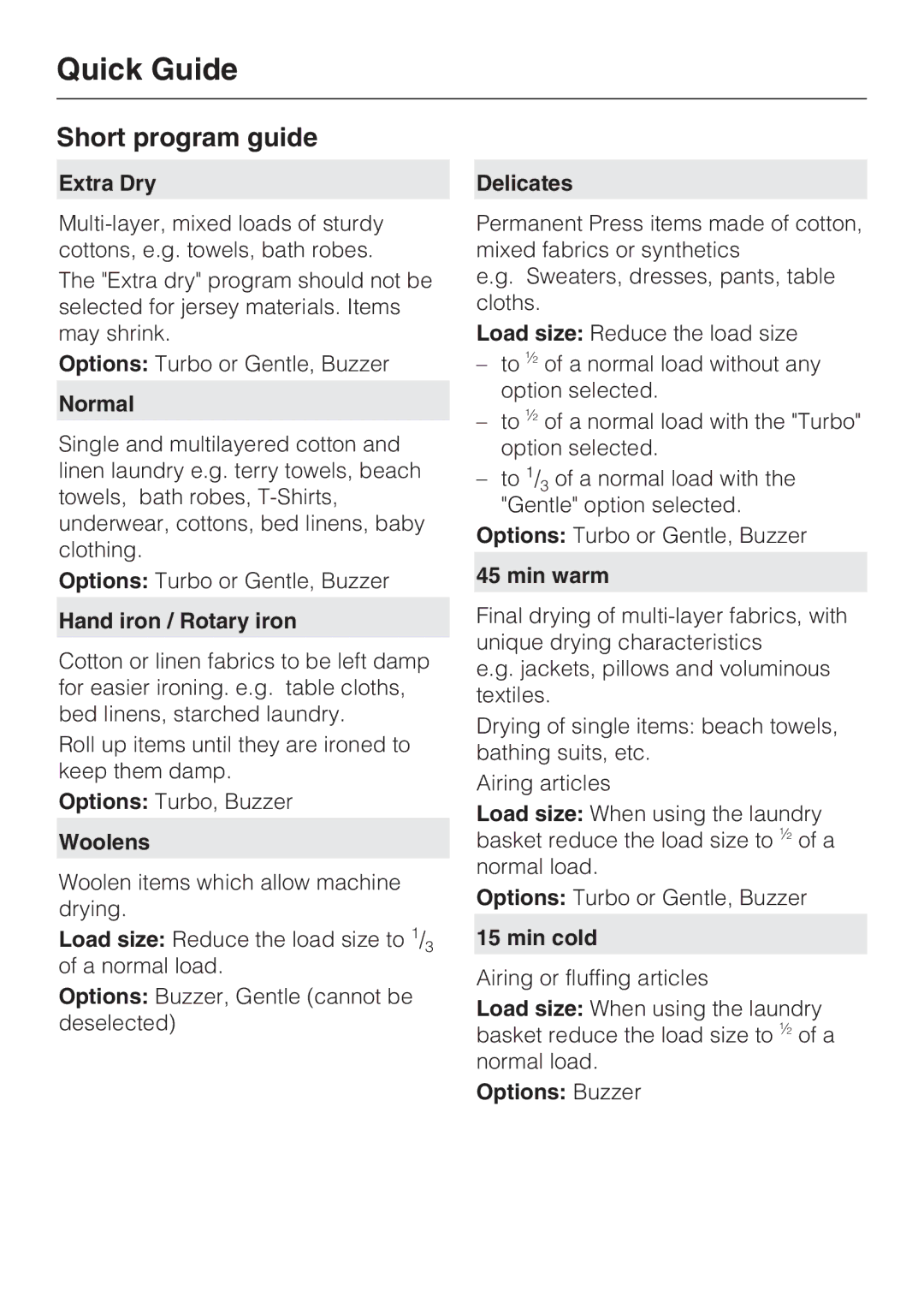 Miele T 9820 operating instructions Short program guide 