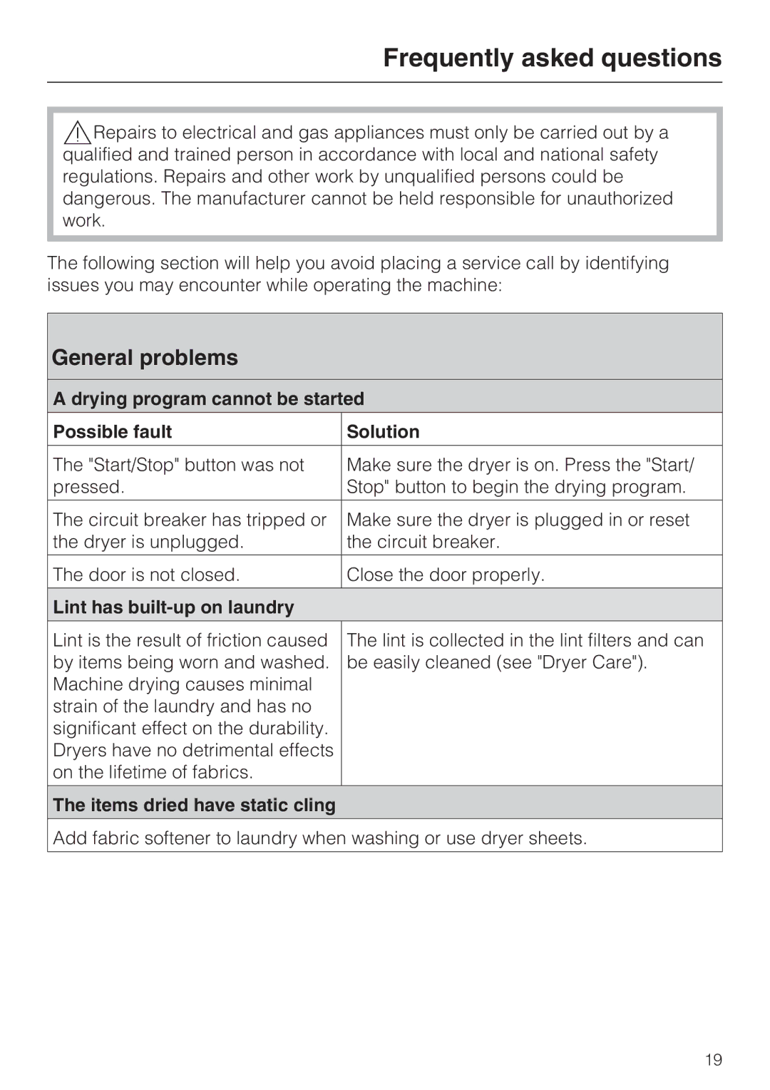 Miele T 9820 Frequently asked questions, General problems, Drying program cannot be started Possible fault Solution 