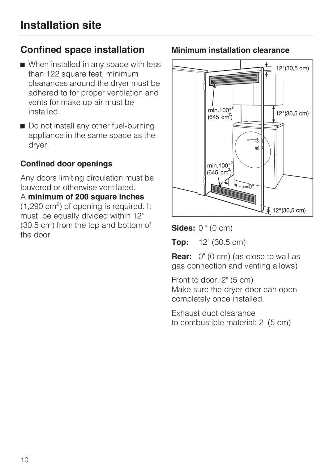 Miele T 9822 installation instructions Confined space installation, Confined door openings 