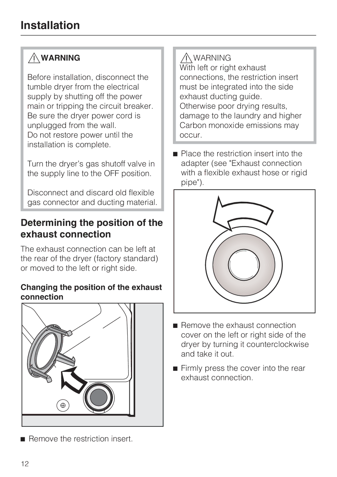 Miele T 9822 Determining the position of the exhaust connection, Changing the position of the exhaust connection 