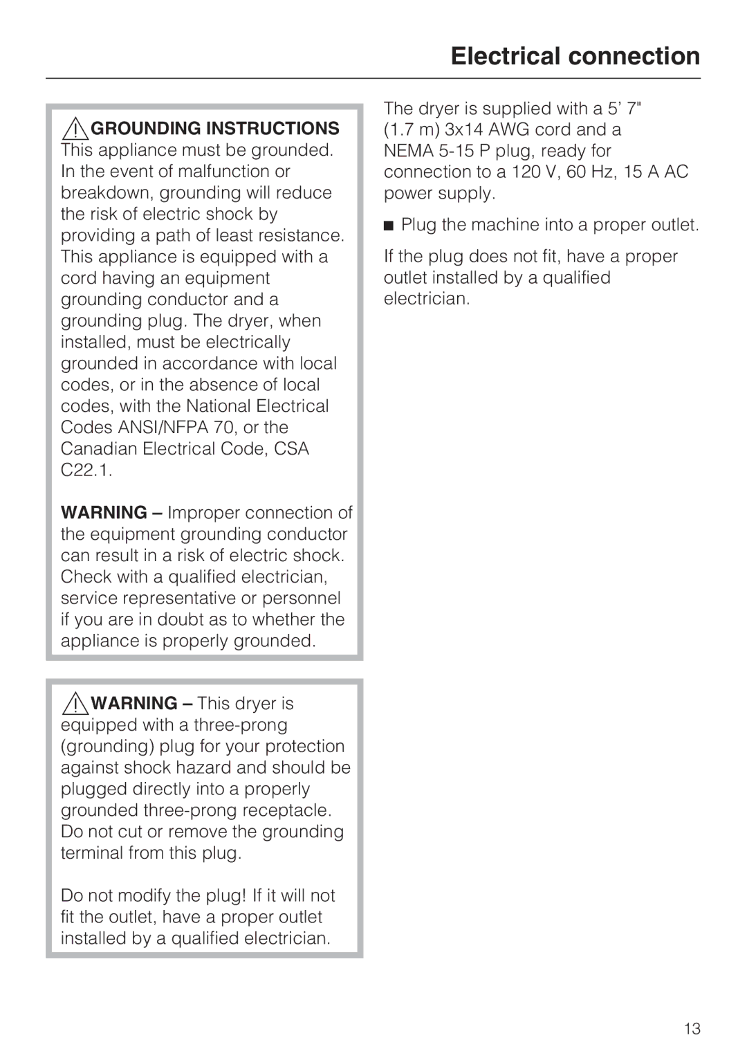 Miele T 9822 installation instructions Electrical connection, Grounding Instructions 