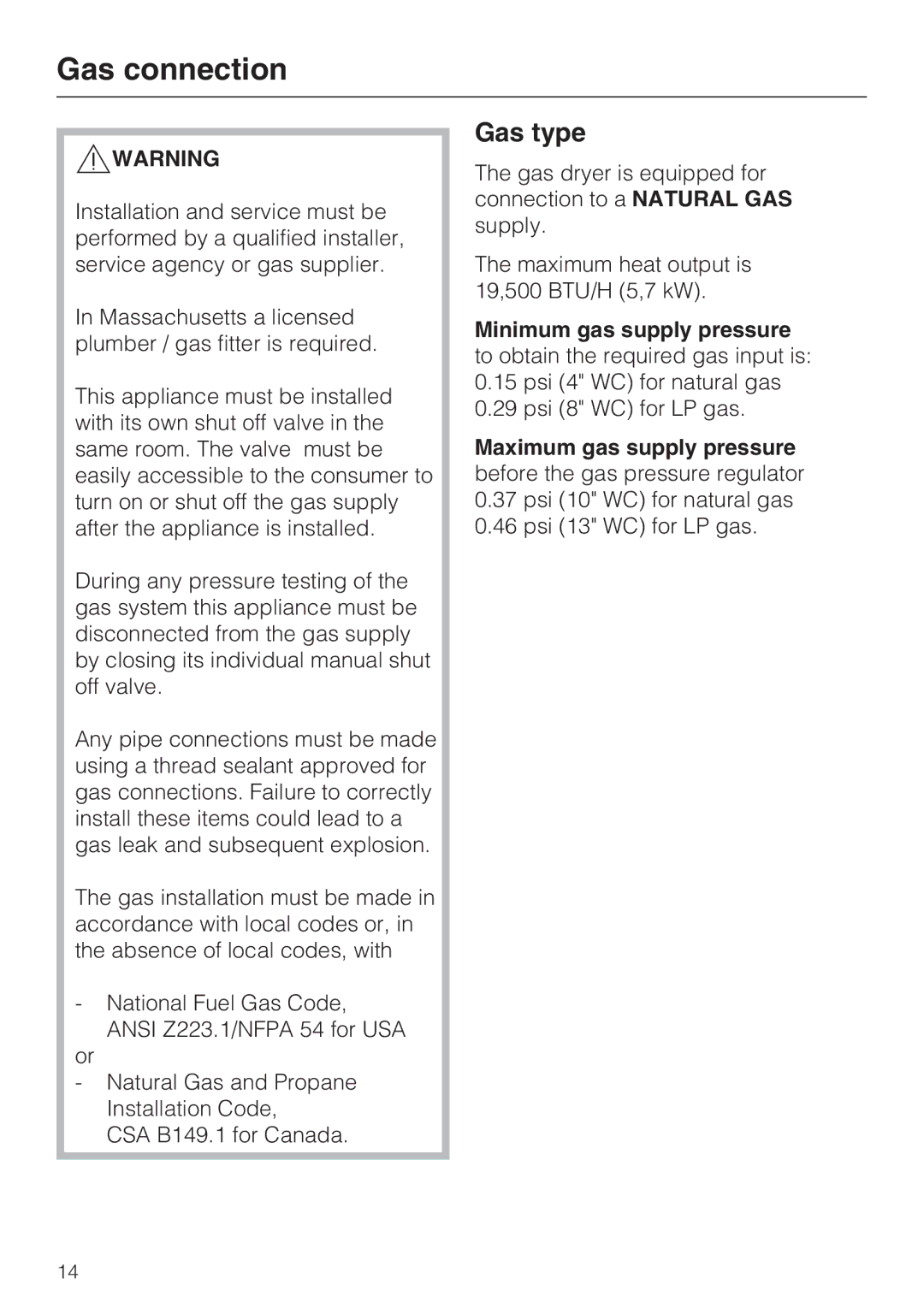 Miele T 9822 installation instructions Gas connection, Gas type 