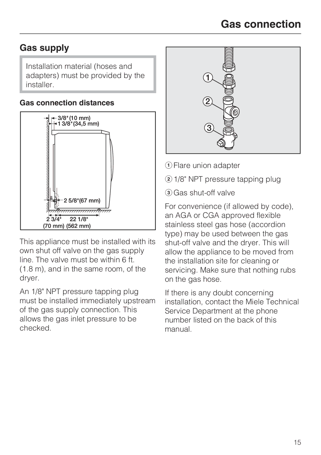 Miele T 9822 installation instructions Gas supply, Gas connection distances 