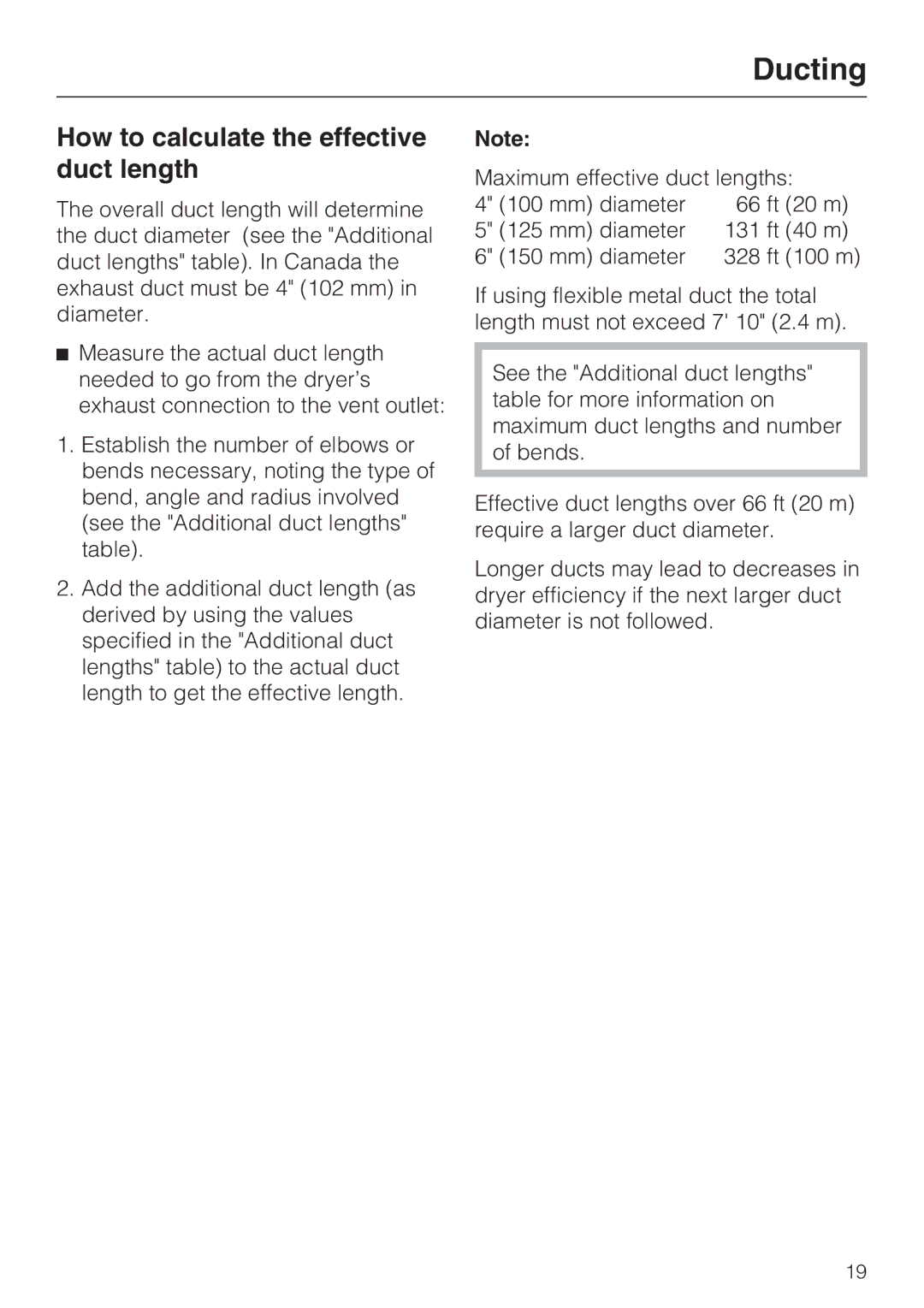 Miele T 9822 installation instructions How to calculate the effective duct length 