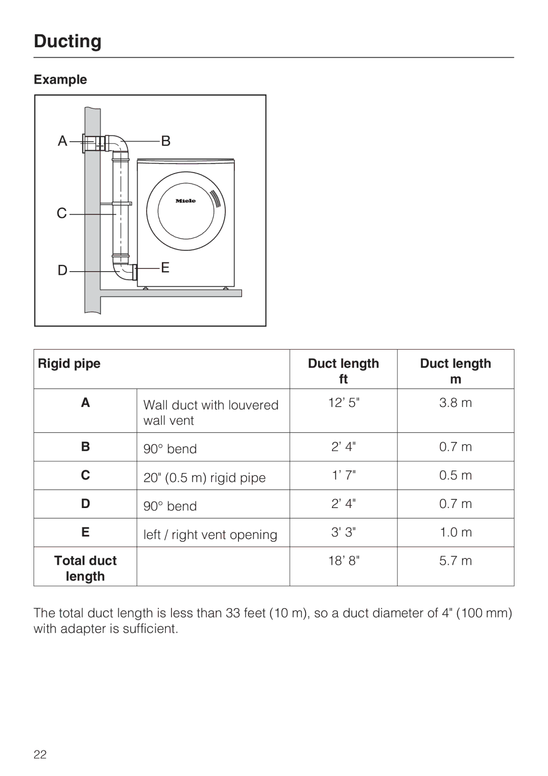 Miele T 9822 installation instructions Example, Rigid pipe Duct length, Total duct, Length 