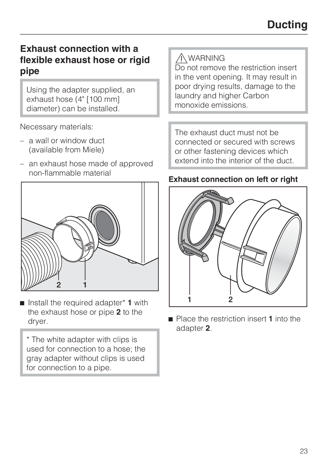 Miele T 9822 installation instructions Exhaust connection on left or right 