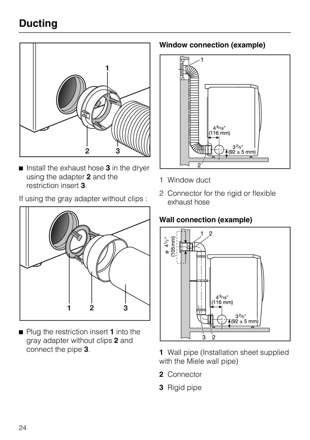 Miele T 9822 installation instructions Window connection example, Wall connection example 