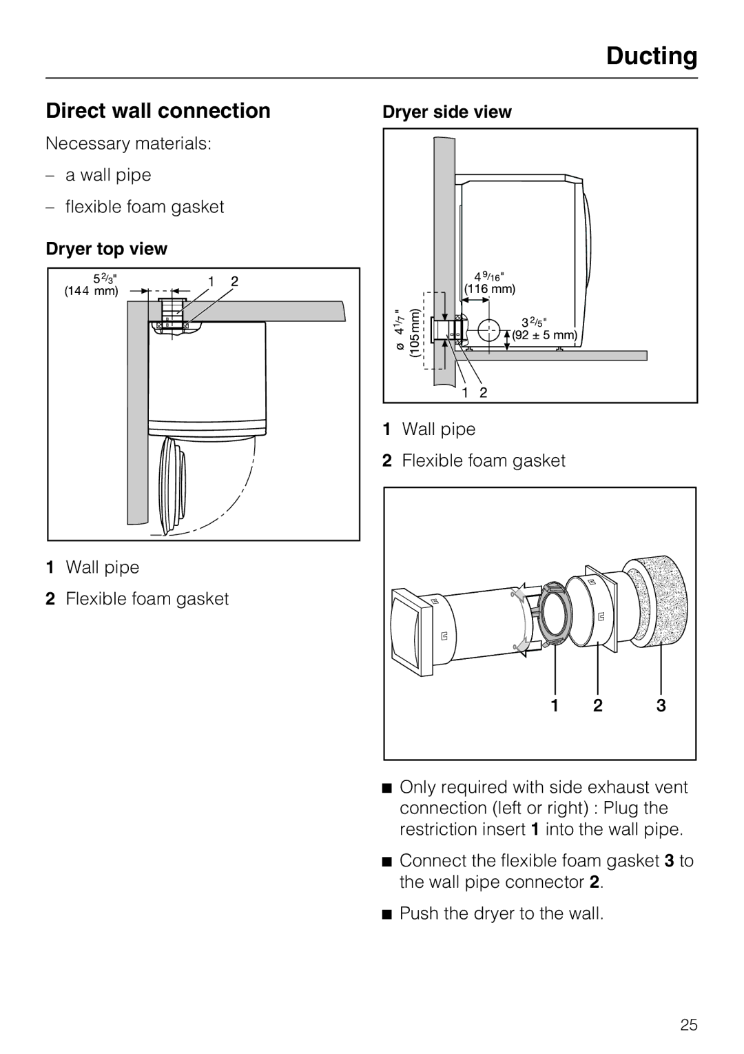 Miele T 9822 installation instructions Direct wall connection, Dryer top view 