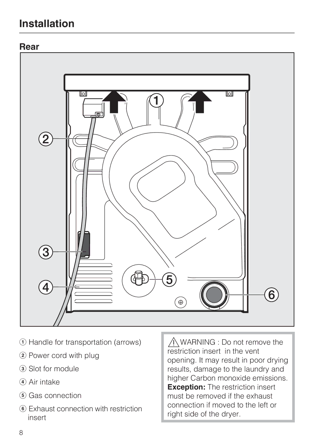 Miele T 9822 installation instructions Installation, Rear 