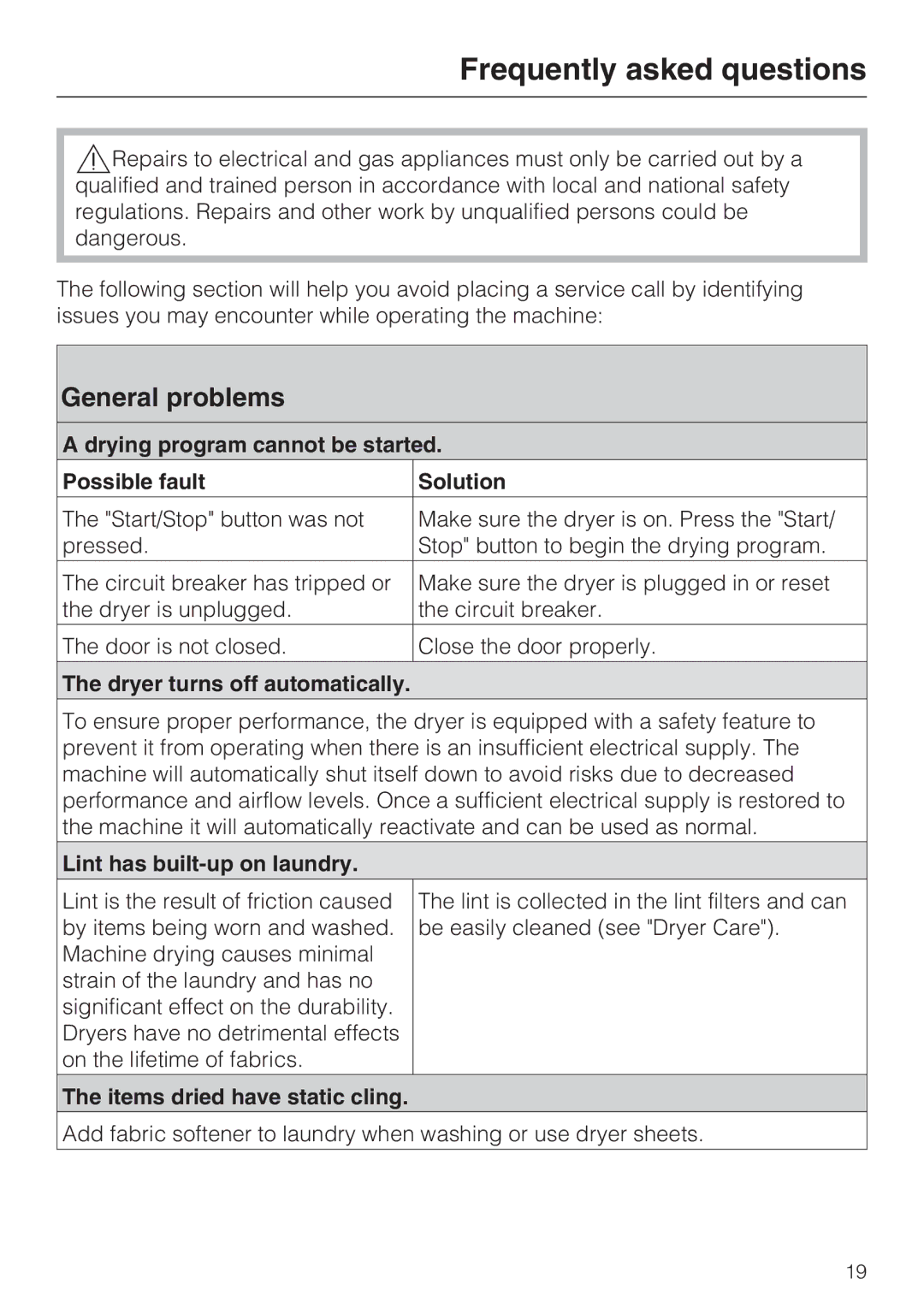 Miele T 9822 operating instructions Frequently asked questions, General problems 